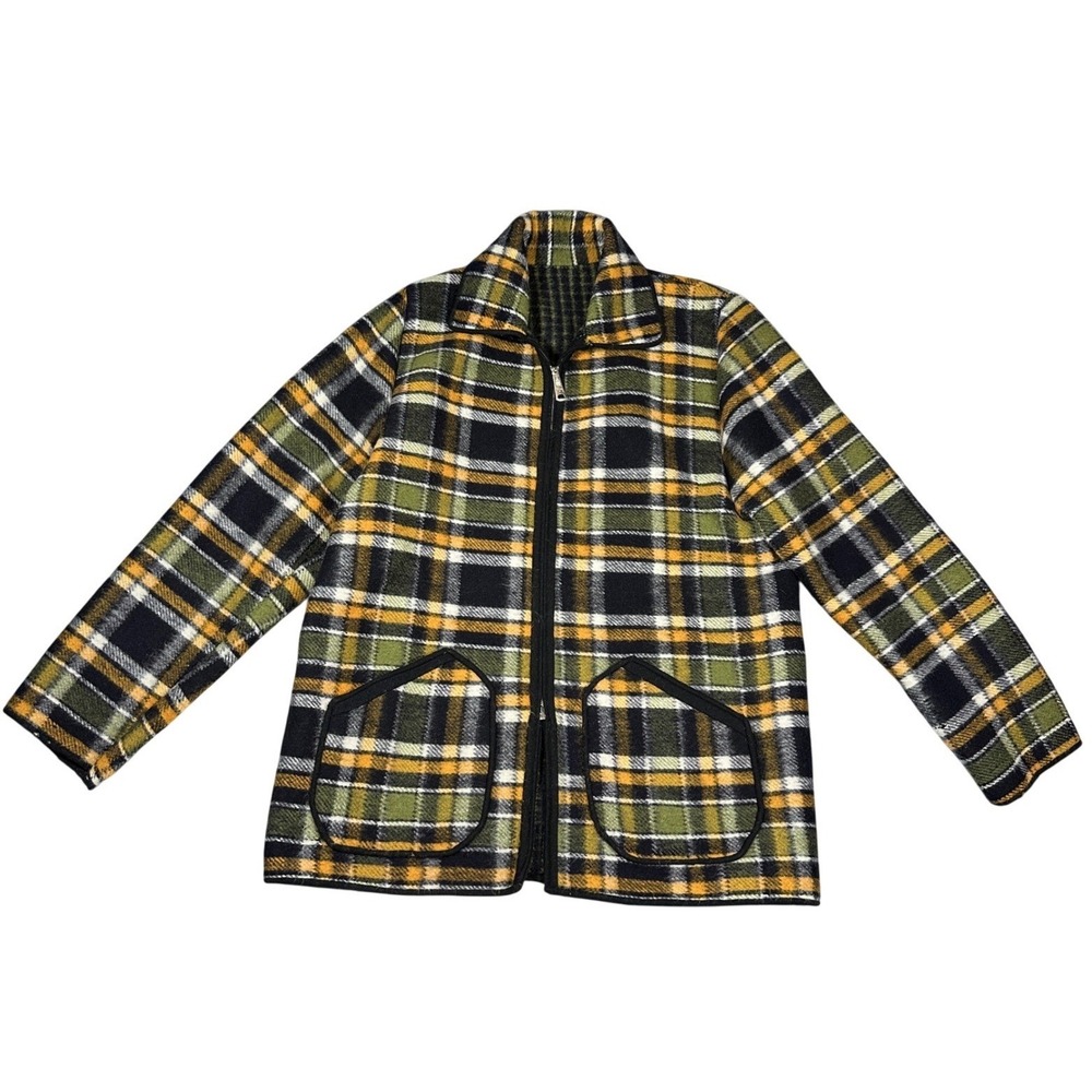 Vintage 1970s Reversible Wool Coat Plaid Stripe Green‎ Yellow Black Zip Jacket